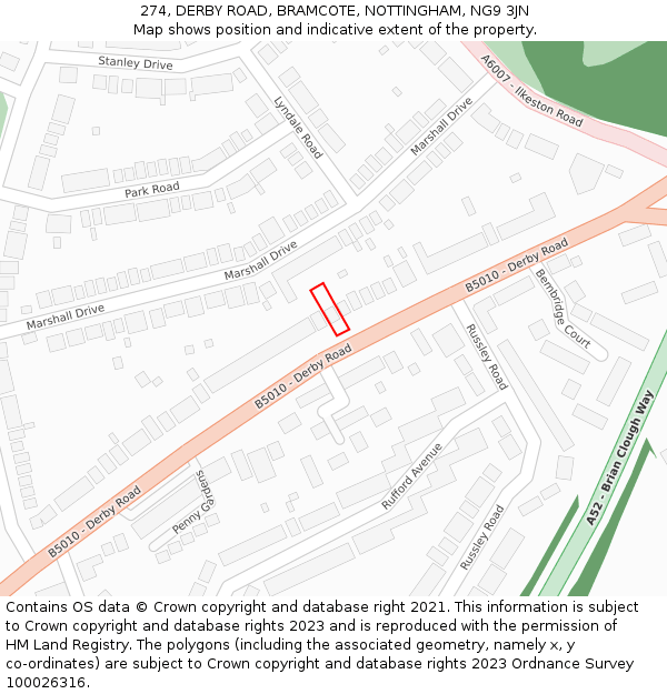 274, DERBY ROAD, BRAMCOTE, NOTTINGHAM, NG9 3JN: Location map and indicative extent of plot