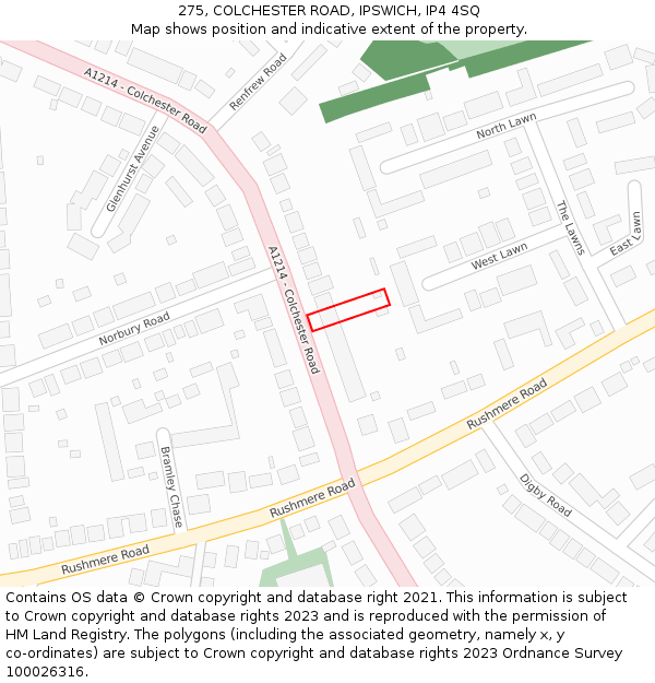 275, COLCHESTER ROAD, IPSWICH, IP4 4SQ: Location map and indicative extent of plot