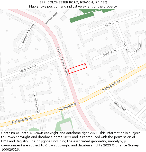 277, COLCHESTER ROAD, IPSWICH, IP4 4SQ: Location map and indicative extent of plot