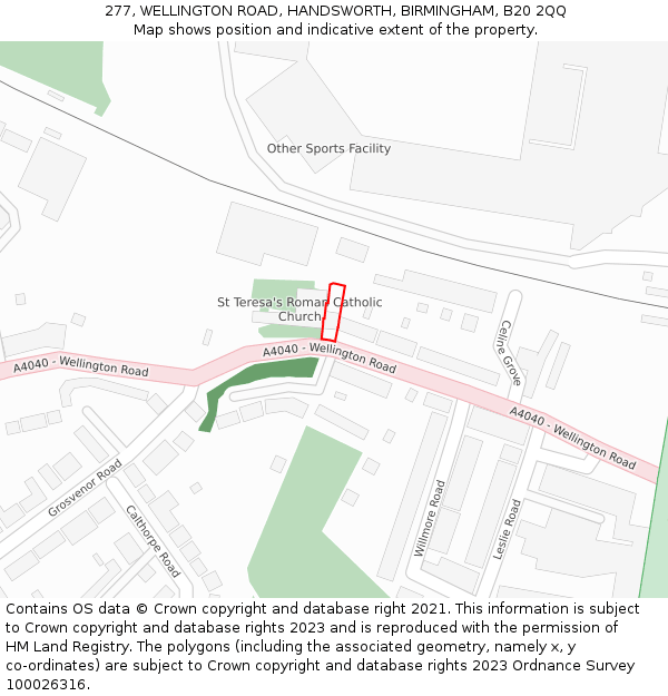 277, WELLINGTON ROAD, HANDSWORTH, BIRMINGHAM, B20 2QQ: Location map and indicative extent of plot