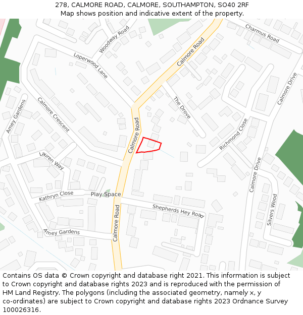 278, CALMORE ROAD, CALMORE, SOUTHAMPTON, SO40 2RF: Location map and indicative extent of plot