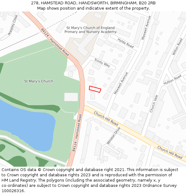 278, HAMSTEAD ROAD, HANDSWORTH, BIRMINGHAM, B20 2RB: Location map and indicative extent of plot