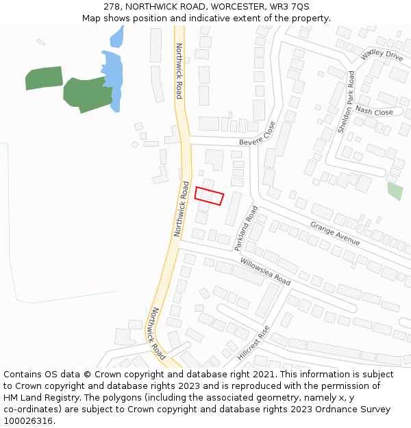 278, NORTHWICK ROAD, WORCESTER, WR3 7QS: Location map and indicative extent of plot