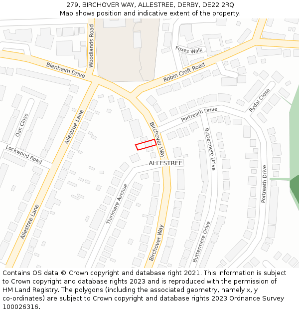 279, BIRCHOVER WAY, ALLESTREE, DERBY, DE22 2RQ: Location map and indicative extent of plot