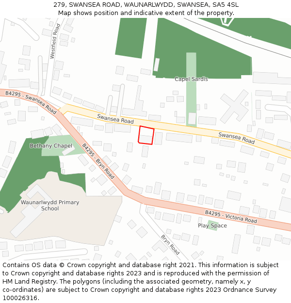 279, SWANSEA ROAD, WAUNARLWYDD, SWANSEA, SA5 4SL: Location map and indicative extent of plot