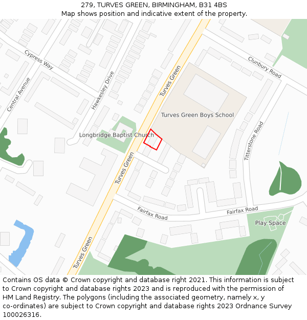 279, TURVES GREEN, BIRMINGHAM, B31 4BS: Location map and indicative extent of plot