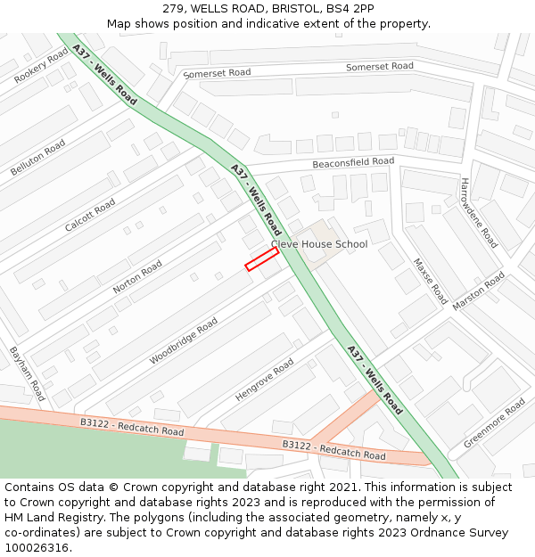279, WELLS ROAD, BRISTOL, BS4 2PP: Location map and indicative extent of plot