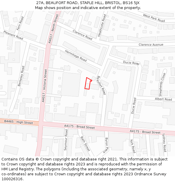 27A, BEAUFORT ROAD, STAPLE HILL, BRISTOL, BS16 5JX: Location map and indicative extent of plot