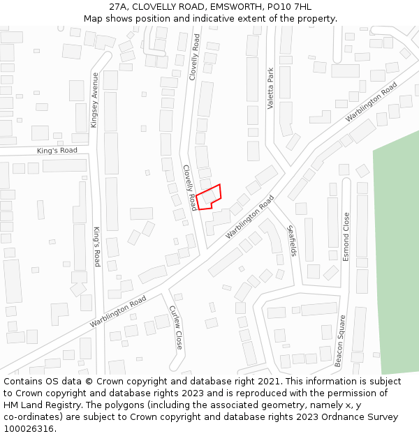 27A, CLOVELLY ROAD, EMSWORTH, PO10 7HL: Location map and indicative extent of plot