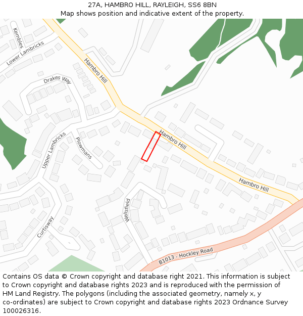27A, HAMBRO HILL, RAYLEIGH, SS6 8BN: Location map and indicative extent of plot