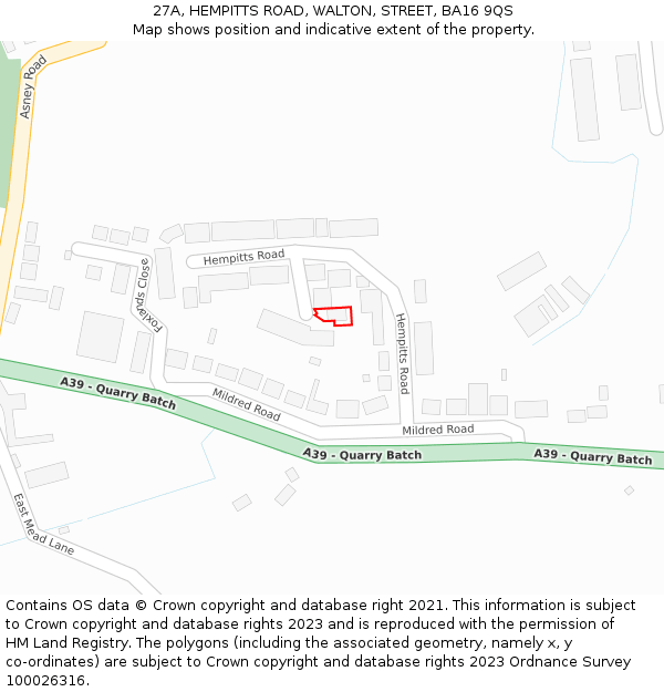 27A, HEMPITTS ROAD, WALTON, STREET, BA16 9QS: Location map and indicative extent of plot