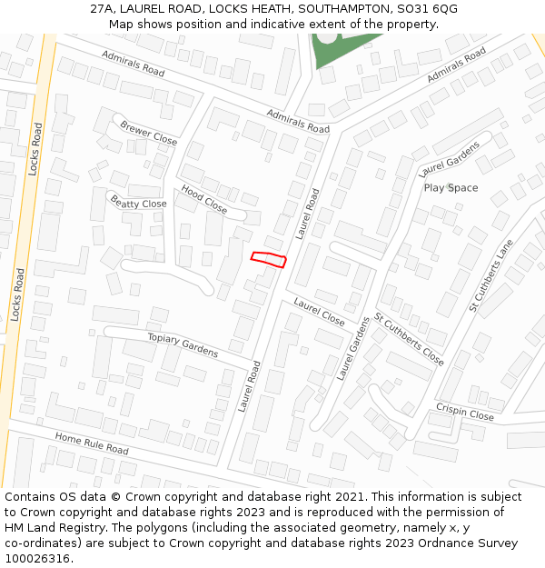 27A, LAUREL ROAD, LOCKS HEATH, SOUTHAMPTON, SO31 6QG: Location map and indicative extent of plot