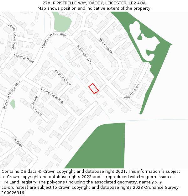 27A, PIPISTRELLE WAY, OADBY, LEICESTER, LE2 4QA: Location map and indicative extent of plot