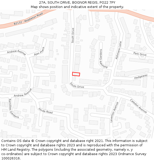 27A, SOUTH DRIVE, BOGNOR REGIS, PO22 7PY: Location map and indicative extent of plot