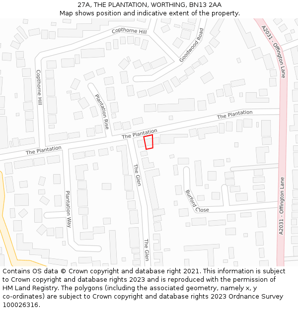27A, THE PLANTATION, WORTHING, BN13 2AA: Location map and indicative extent of plot