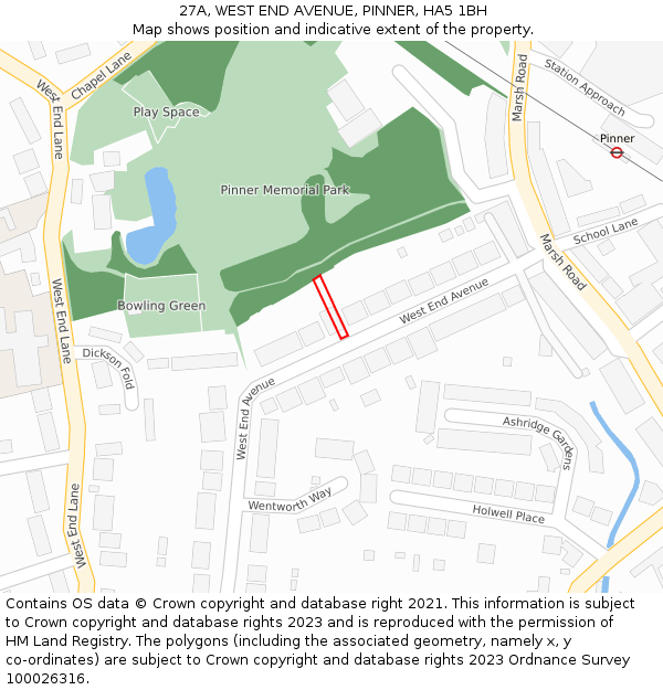 27A, WEST END AVENUE, PINNER, HA5 1BH: Location map and indicative extent of plot