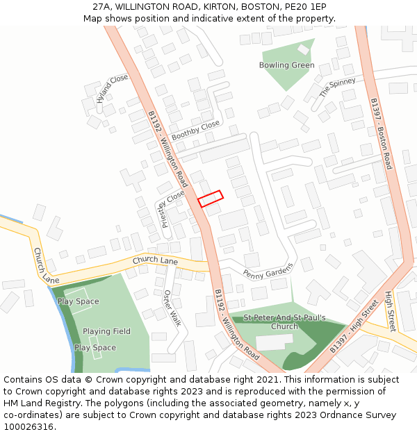27A, WILLINGTON ROAD, KIRTON, BOSTON, PE20 1EP: Location map and indicative extent of plot