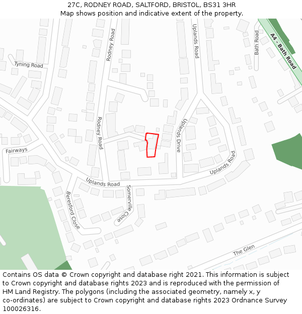 27C, RODNEY ROAD, SALTFORD, BRISTOL, BS31 3HR: Location map and indicative extent of plot