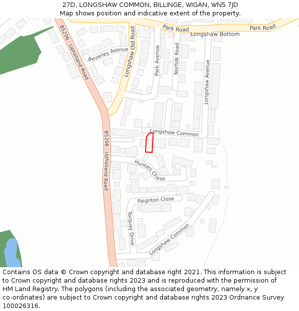 27D, LONGSHAW COMMON, BILLINGE, WIGAN, WN5 7JD: Location map and indicative extent of plot