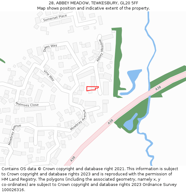 28, ABBEY MEADOW, TEWKESBURY, GL20 5FF: Location map and indicative extent of plot