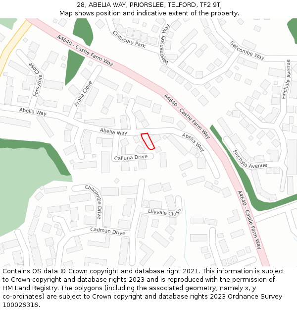 28, ABELIA WAY, PRIORSLEE, TELFORD, TF2 9TJ: Location map and indicative extent of plot