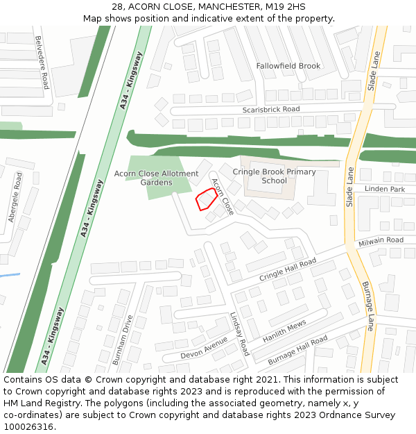 28, ACORN CLOSE, MANCHESTER, M19 2HS: Location map and indicative extent of plot