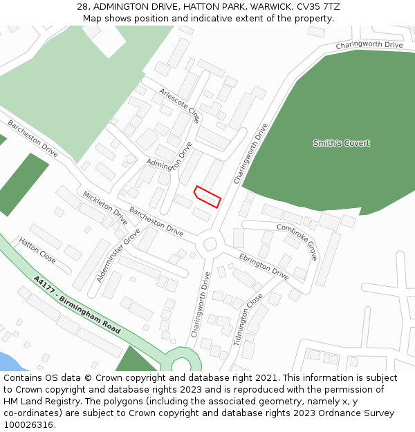 28, ADMINGTON DRIVE, HATTON PARK, WARWICK, CV35 7TZ: Location map and indicative extent of plot