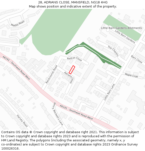 28, ADRIANS CLOSE, MANSFIELD, NG18 4HG: Location map and indicative extent of plot