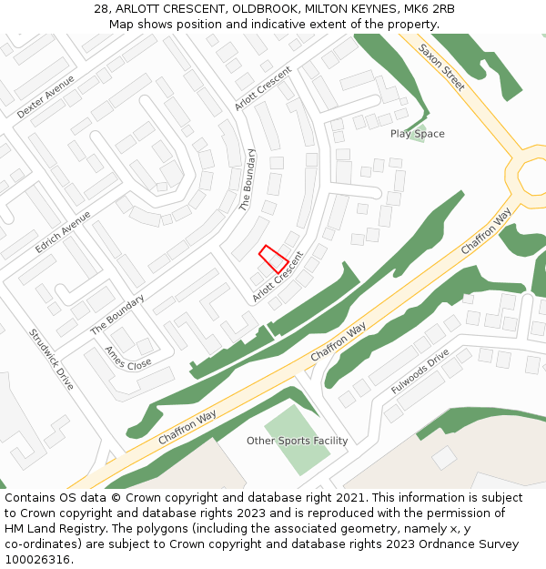 28, ARLOTT CRESCENT, OLDBROOK, MILTON KEYNES, MK6 2RB: Location map and indicative extent of plot