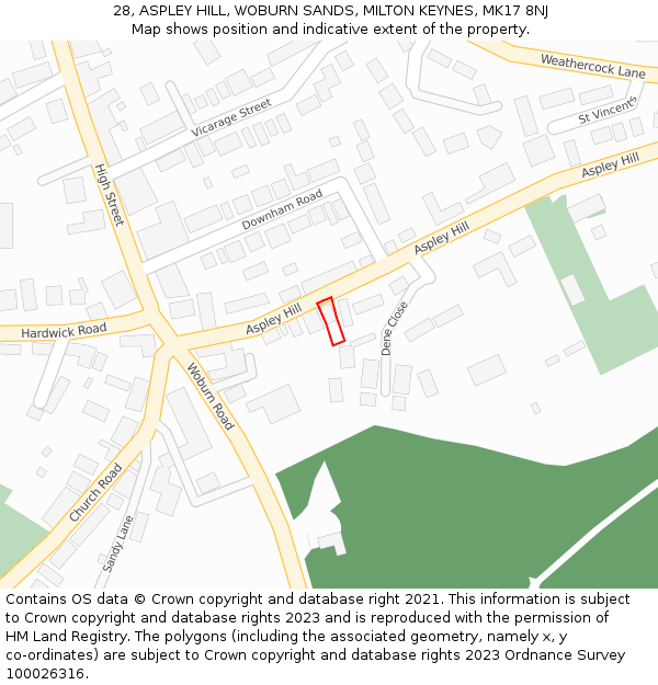 28, ASPLEY HILL, WOBURN SANDS, MILTON KEYNES, MK17 8NJ: Location map and indicative extent of plot