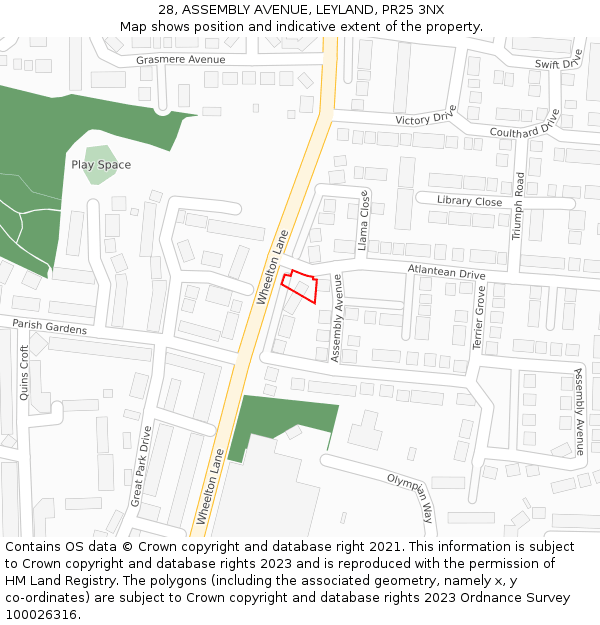 28, ASSEMBLY AVENUE, LEYLAND, PR25 3NX: Location map and indicative extent of plot
