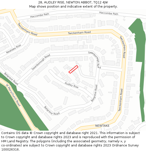 28, AUDLEY RISE, NEWTON ABBOT, TQ12 4JW: Location map and indicative extent of plot