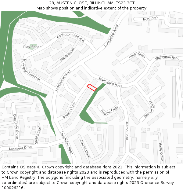 28, AUSTEN CLOSE, BILLINGHAM, TS23 3GT: Location map and indicative extent of plot