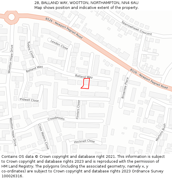 28, BALLAND WAY, WOOTTON, NORTHAMPTON, NN4 6AU: Location map and indicative extent of plot