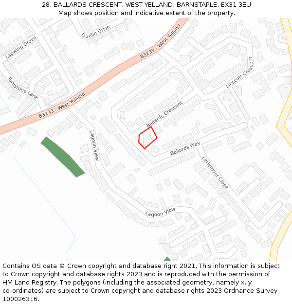 28, BALLARDS CRESCENT, WEST YELLAND, BARNSTAPLE, EX31 3EU: Location map and indicative extent of plot