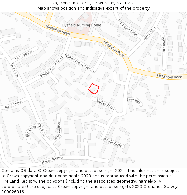 28, BARBER CLOSE, OSWESTRY, SY11 2UE: Location map and indicative extent of plot