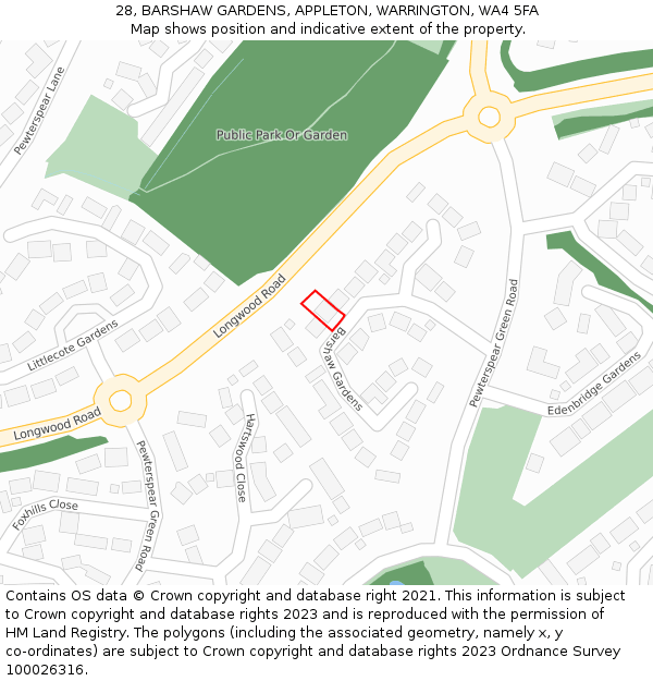 28, BARSHAW GARDENS, APPLETON, WARRINGTON, WA4 5FA: Location map and indicative extent of plot