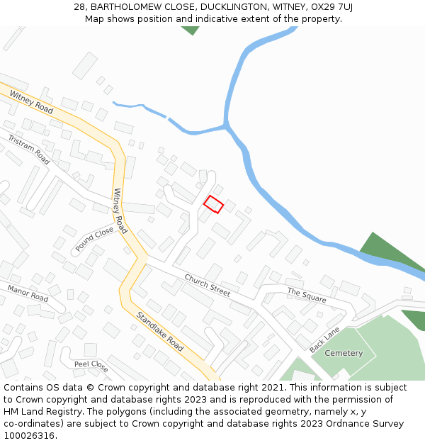 28, BARTHOLOMEW CLOSE, DUCKLINGTON, WITNEY, OX29 7UJ: Location map and indicative extent of plot