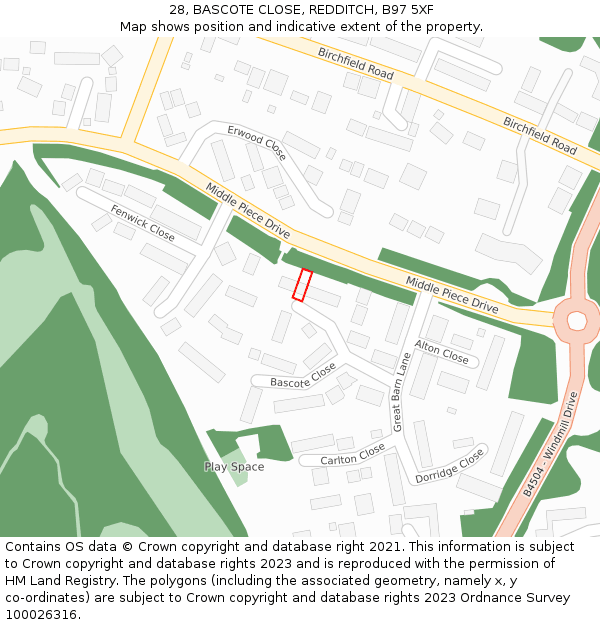 28, BASCOTE CLOSE, REDDITCH, B97 5XF: Location map and indicative extent of plot