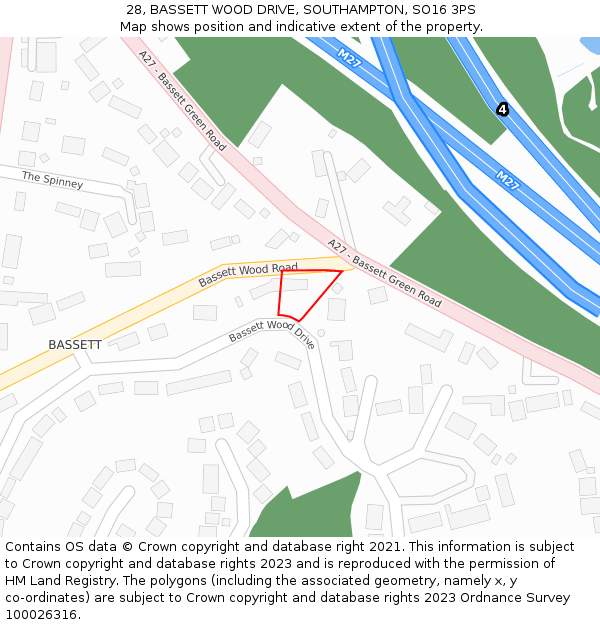 28, BASSETT WOOD DRIVE, SOUTHAMPTON, SO16 3PS: Location map and indicative extent of plot