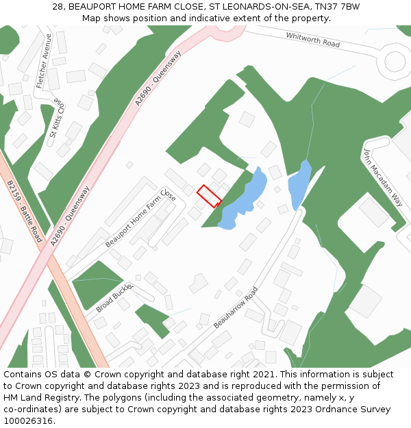 28, BEAUPORT HOME FARM CLOSE, ST LEONARDS-ON-SEA, TN37 7BW: Location map and indicative extent of plot