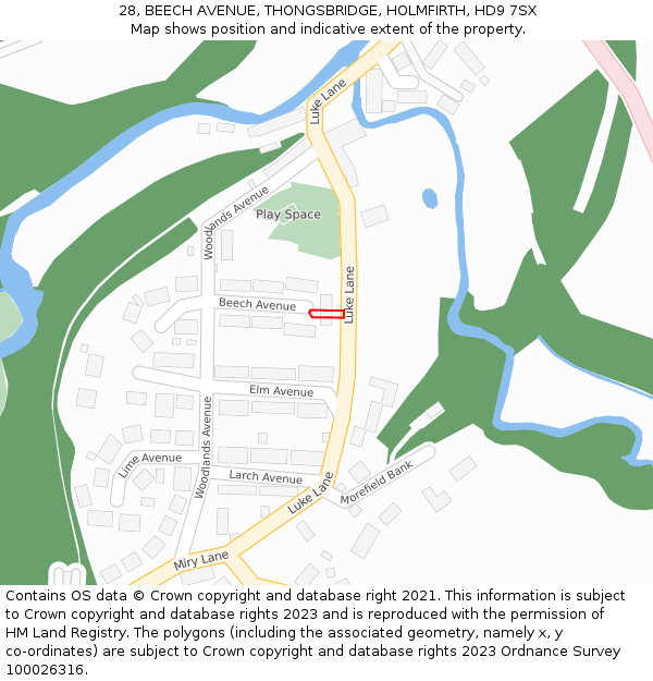 28, BEECH AVENUE, THONGSBRIDGE, HOLMFIRTH, HD9 7SX: Location map and indicative extent of plot