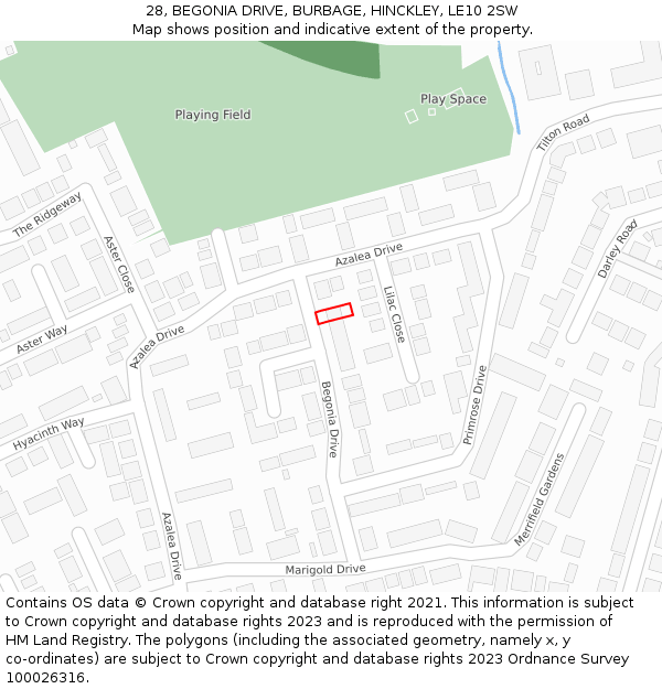28, BEGONIA DRIVE, BURBAGE, HINCKLEY, LE10 2SW: Location map and indicative extent of plot