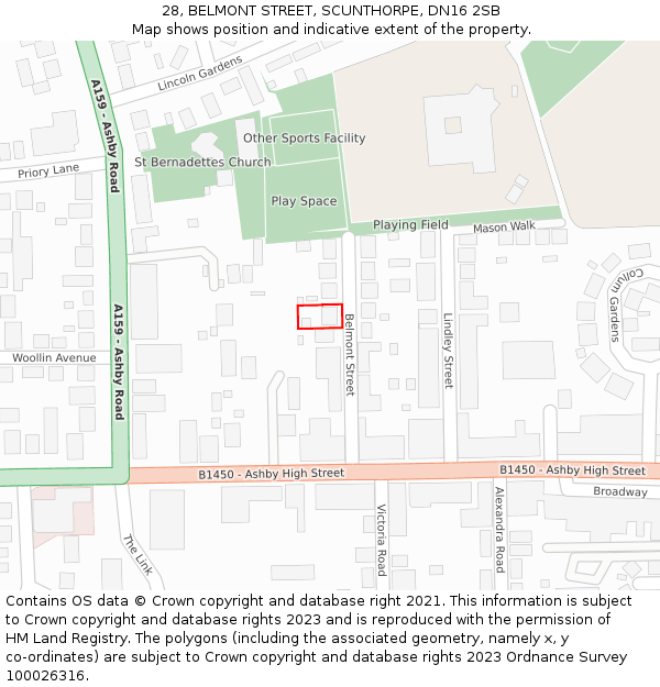 28, BELMONT STREET, SCUNTHORPE, DN16 2SB: Location map and indicative extent of plot