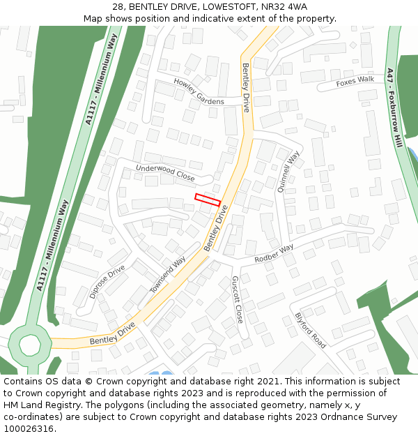 28, BENTLEY DRIVE, LOWESTOFT, NR32 4WA: Location map and indicative extent of plot
