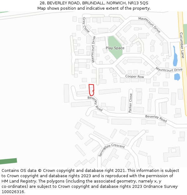 28, BEVERLEY ROAD, BRUNDALL, NORWICH, NR13 5QS: Location map and indicative extent of plot