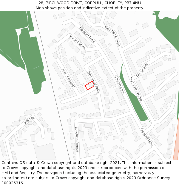 28, BIRCHWOOD DRIVE, COPPULL, CHORLEY, PR7 4NU: Location map and indicative extent of plot