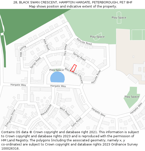 28, BLACK SWAN CRESCENT, HAMPTON HARGATE, PETERBOROUGH, PE7 8HF: Location map and indicative extent of plot