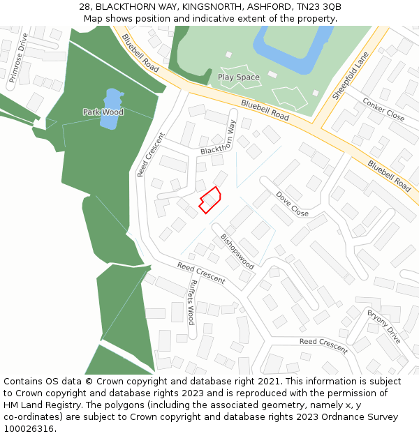 28, BLACKTHORN WAY, KINGSNORTH, ASHFORD, TN23 3QB: Location map and indicative extent of plot