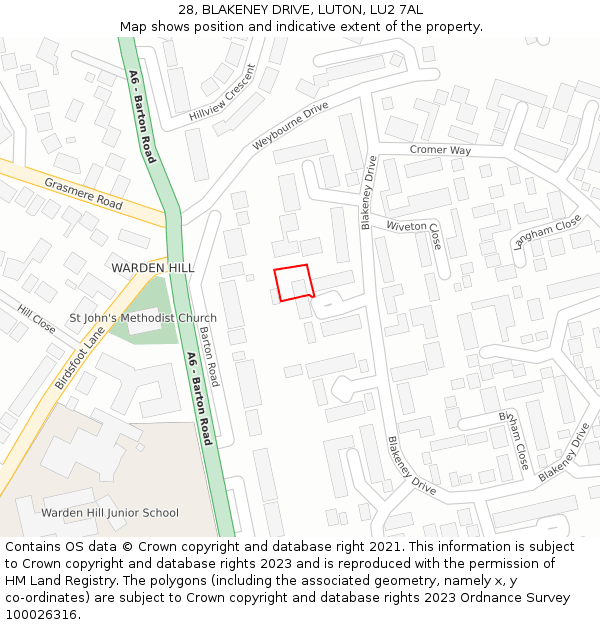 28, BLAKENEY DRIVE, LUTON, LU2 7AL: Location map and indicative extent of plot